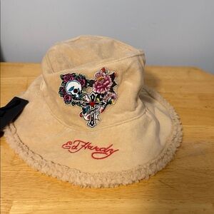 Ed Hardy Tan Bucket Hat with Embroidered Skull and Floral Design